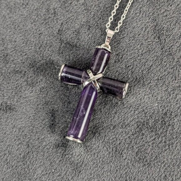 Amethyst and silver color cross pendant, free chain, unisex women men - Picture 1 of 8
